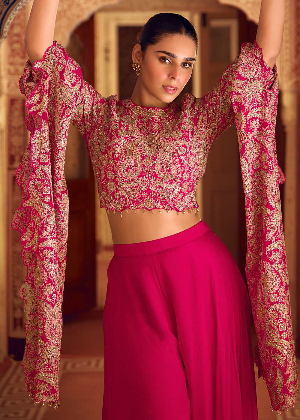Hot Pink Chinon Silk Palazzo Set with Long Sleeves Embroidered Top