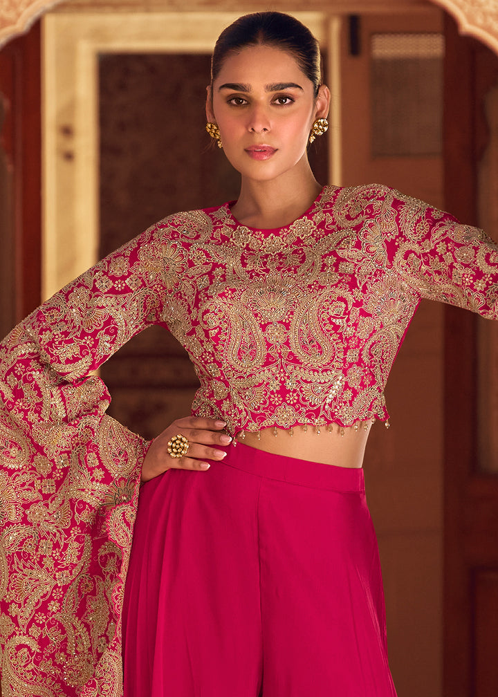Hot Pink Chinon Silk Palazzo Set with Long Sleeves Embroidered Top