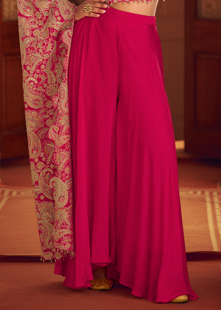 Hot Pink Chinon Silk Palazzo Set with Long Sleeves Embroidered Top