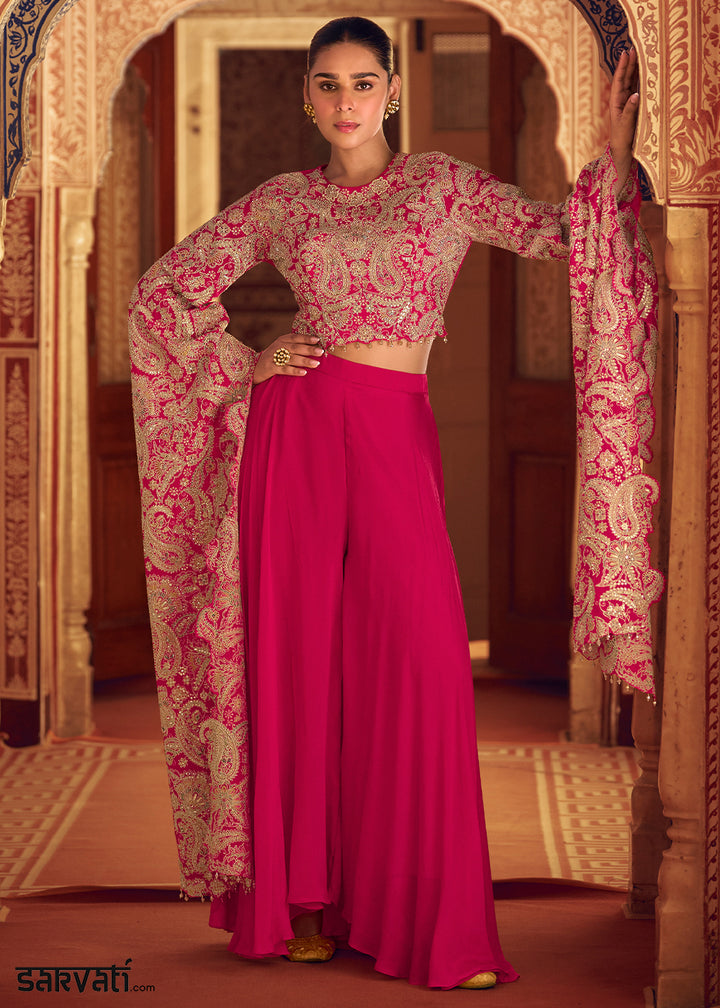 Hot Pink Chinon Silk Palazzo Set with Long Sleeves Embroidered Top