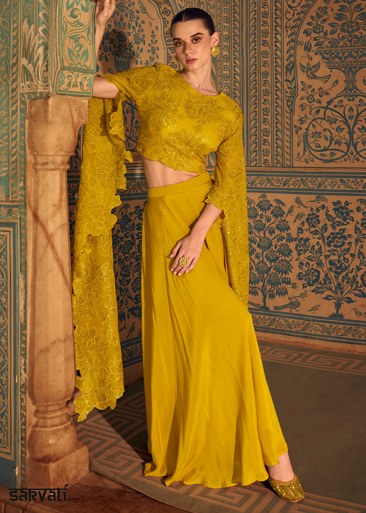 Canary Yellow Chinon Silk Palazzo Set with Long Sleeves Embroidered Top