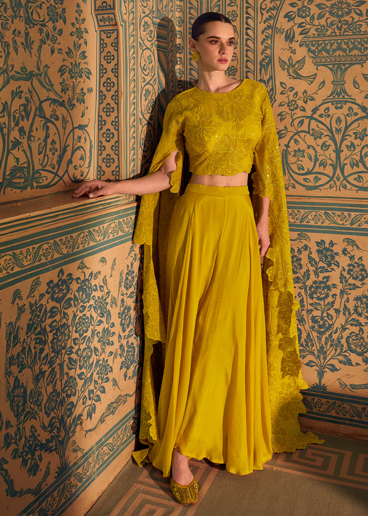Canary Yellow Chinon Silk Palazzo Set with Long Sleeves Embroidered Top