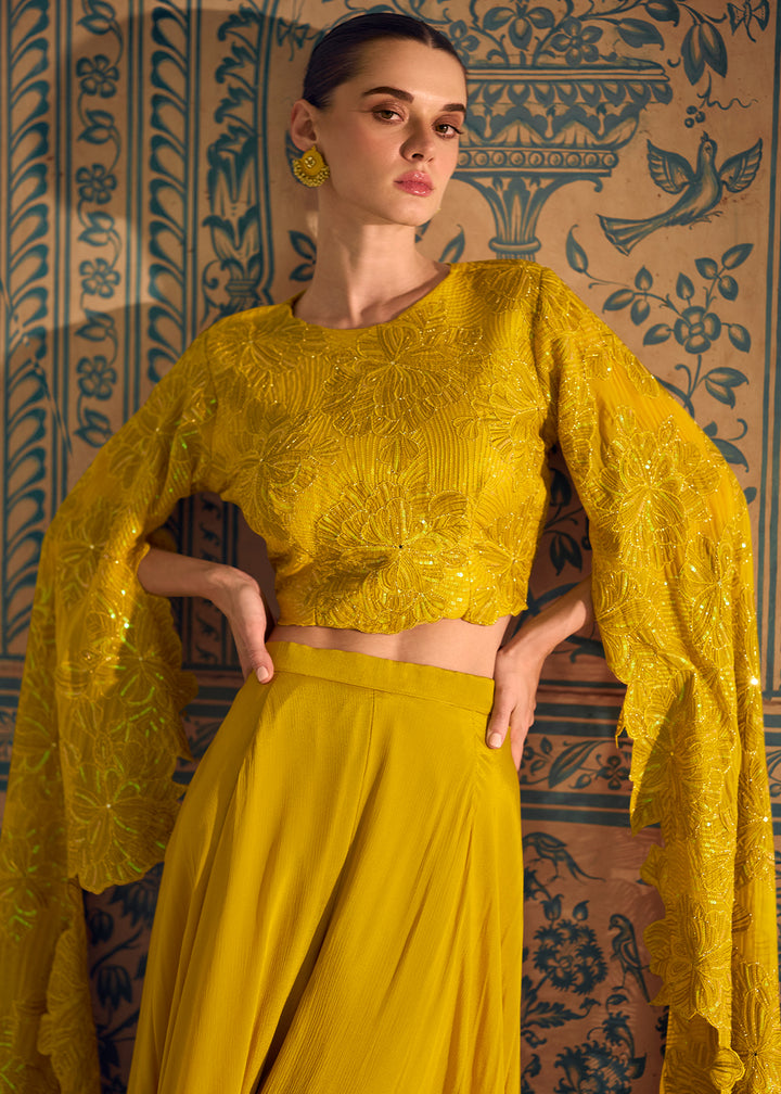 Canary Yellow Chinon Silk Palazzo Set with Long Sleeves Embroidered Top