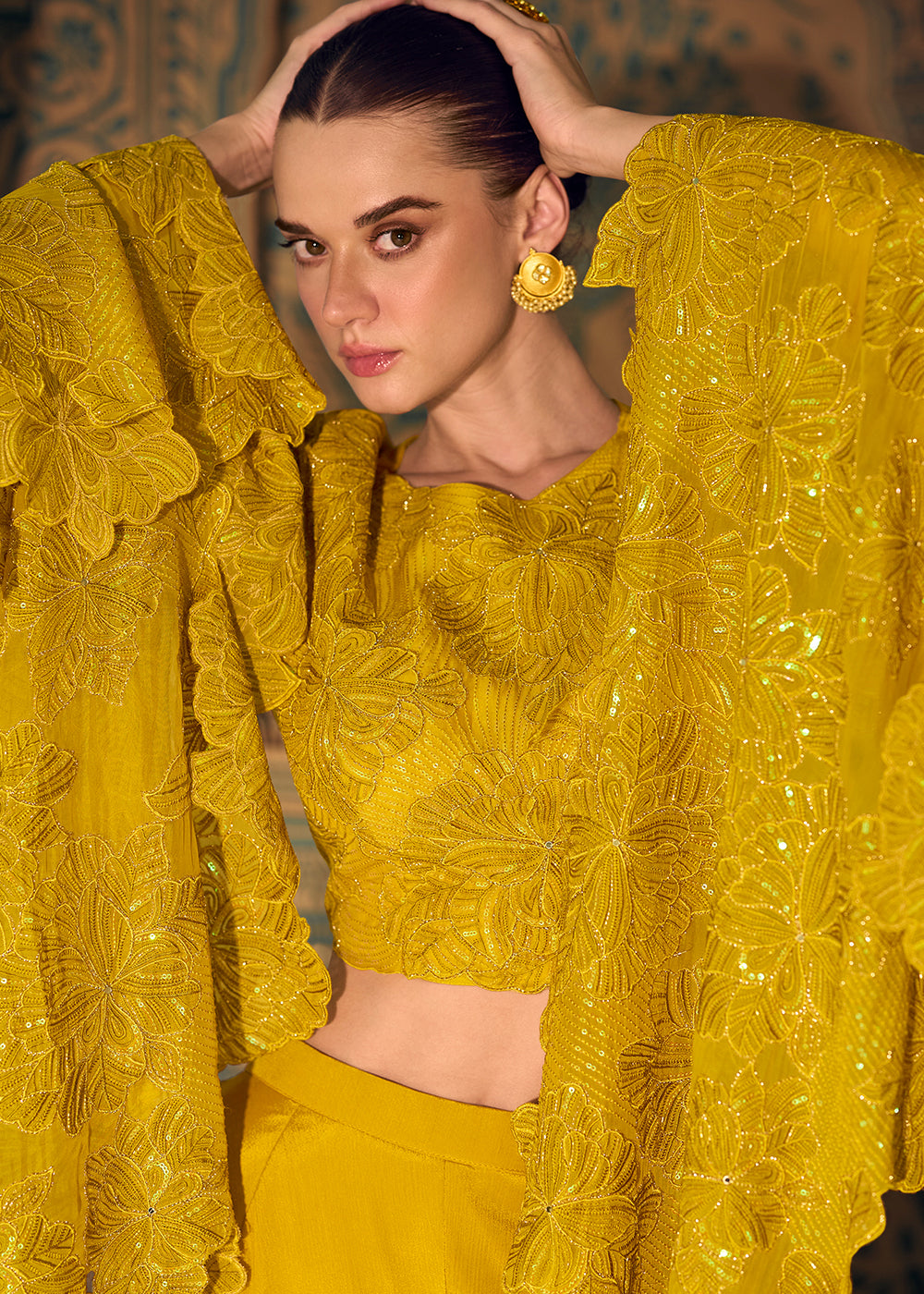Canary Yellow Chinon Silk Palazzo Set with Long Sleeves Embroidered Top
