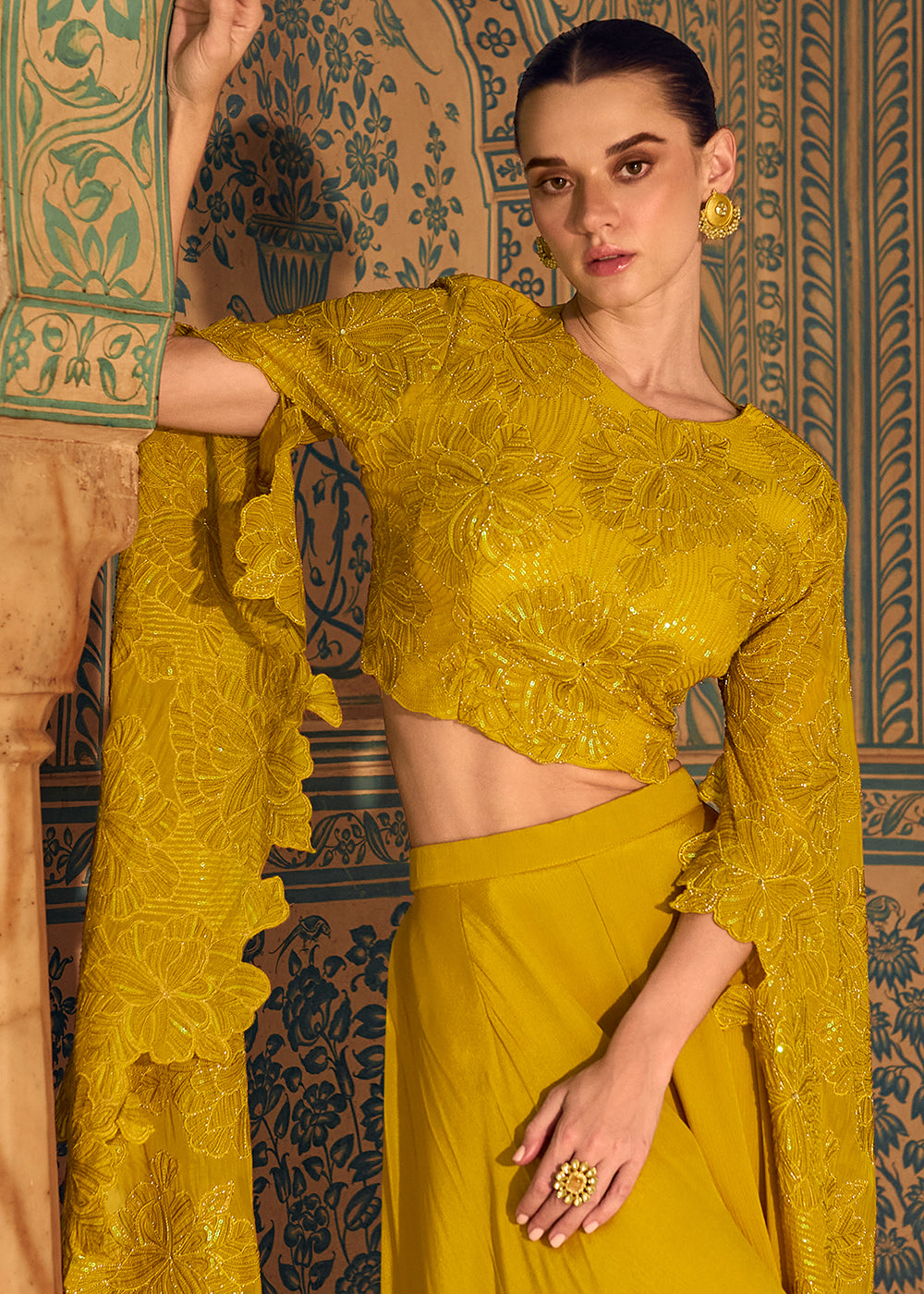 Canary Yellow Chinon Silk Palazzo Set with Long Sleeves Embroidered Top