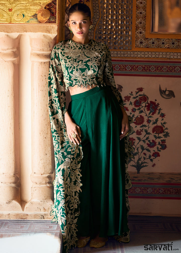 Sacramento Green Chinon Silk Palazzo Set with Long Sleeves Embroidered Top