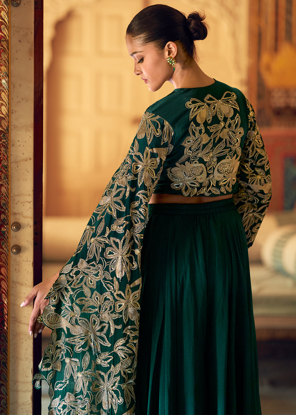 Sacramento Green Chinon Silk Palazzo Set with Long Sleeves Embroidered Top