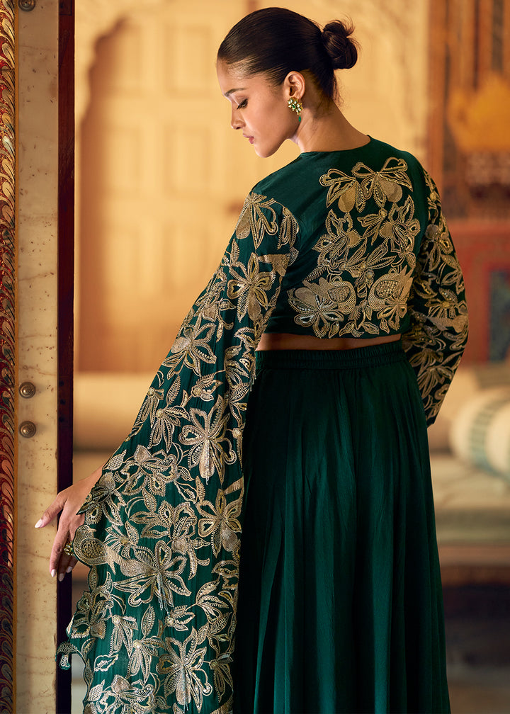 Sacramento Green Chinon Silk Palazzo Set with Long Sleeves Embroidered Top