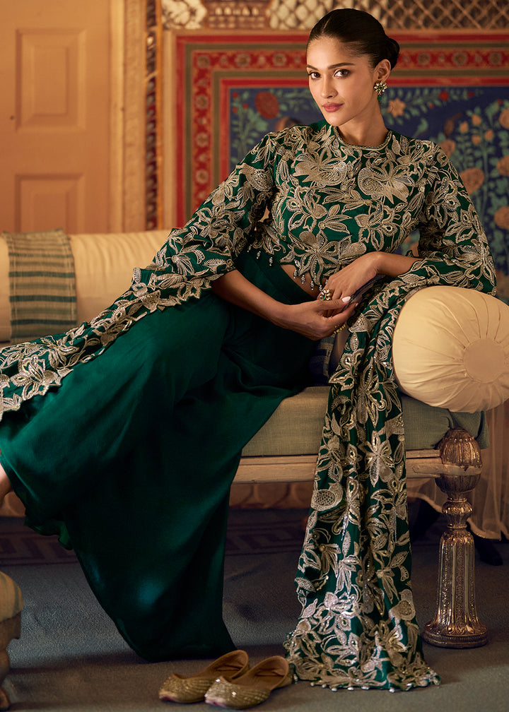 Sacramento Green Chinon Silk Palazzo Set with Long Sleeves Embroidered Top