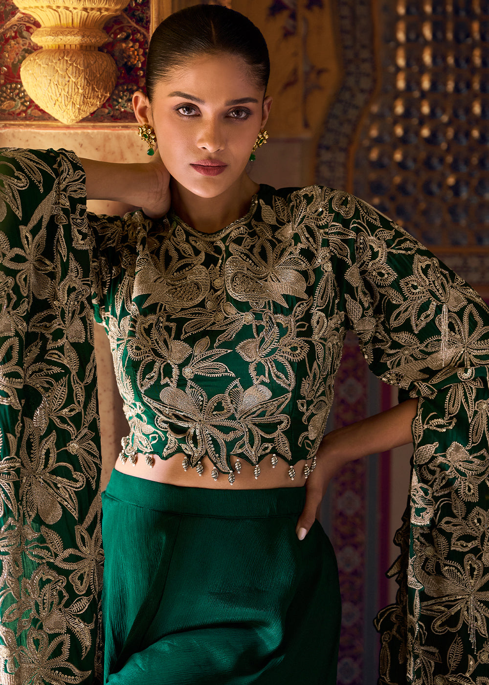 Sacramento Green Chinon Silk Palazzo Set with Long Sleeves Embroidered Top