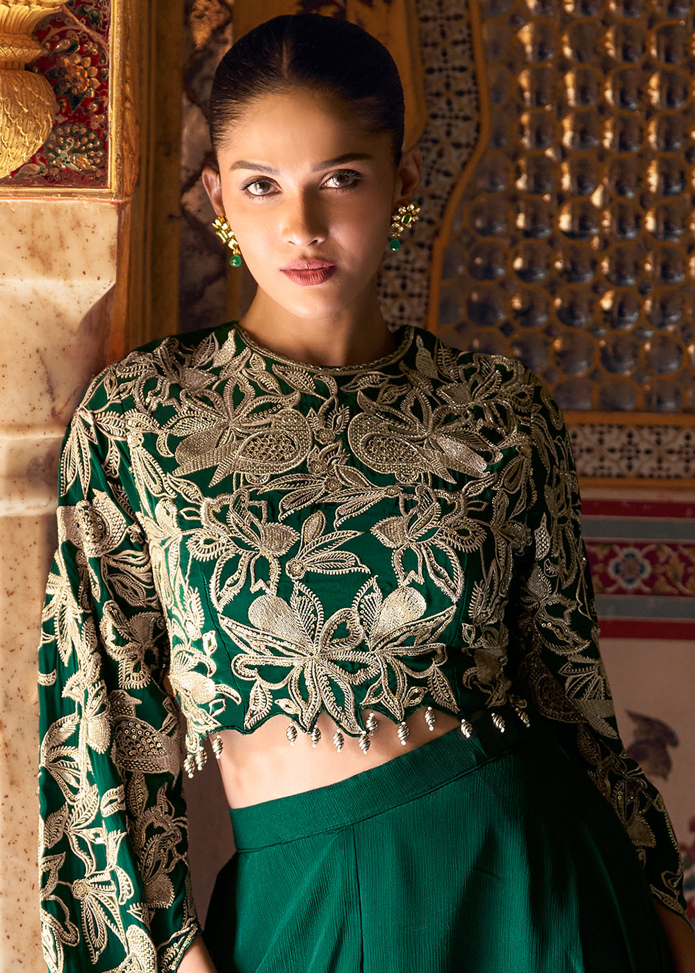 Sacramento Green Chinon Silk Palazzo Set with Long Sleeves Embroidered Top