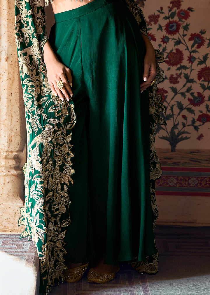 Sacramento Green Chinon Silk Palazzo Set with Long Sleeves Embroidered Top
