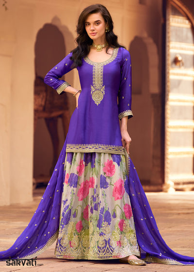 Iris Blue Chinon Silk Sharara Suit