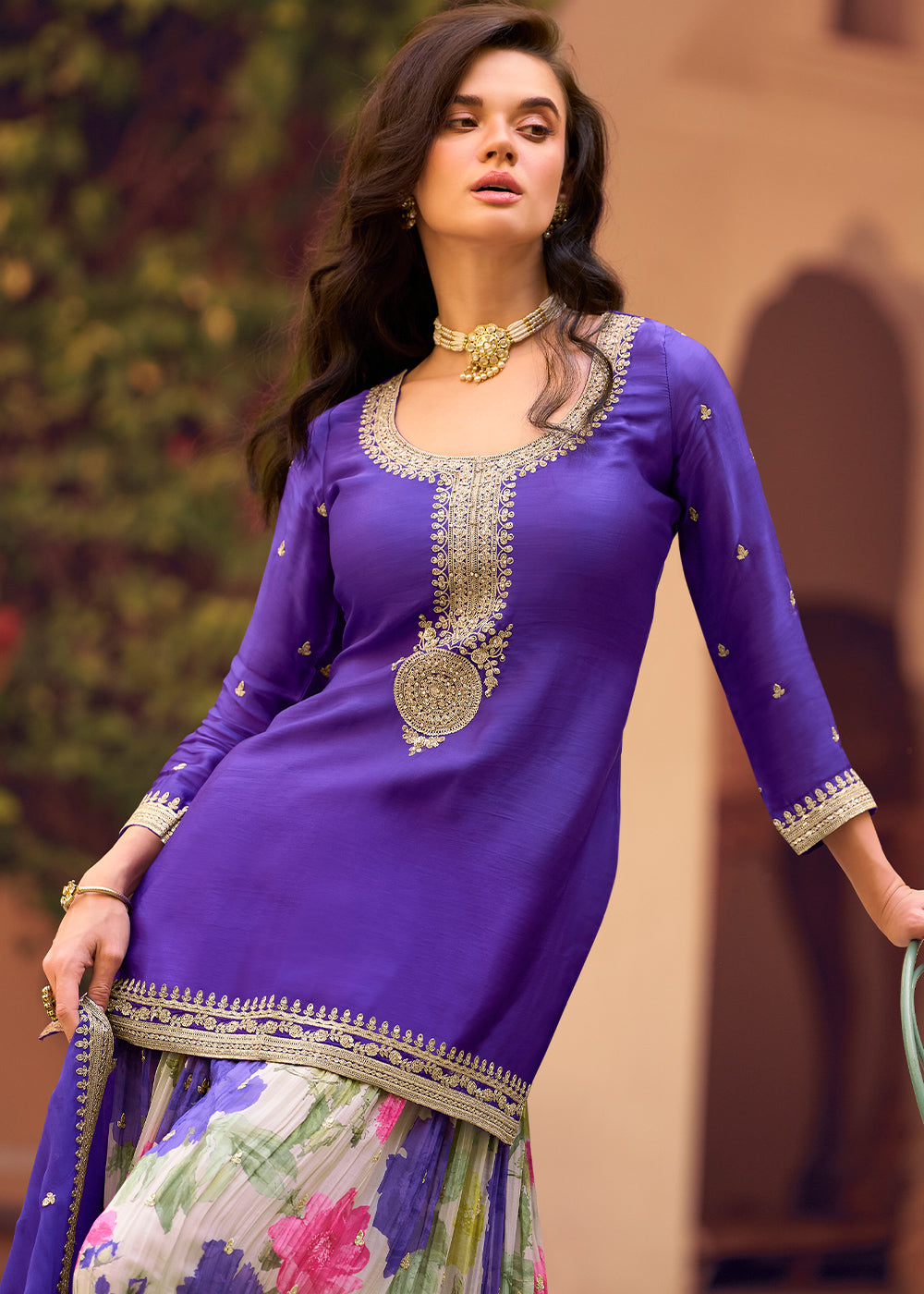 Iris Blue Chinon Silk Sharara Suit