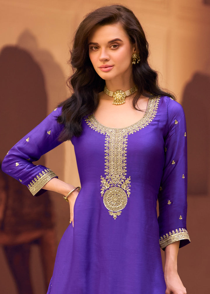 Iris Blue Chinon Silk Sharara Suit