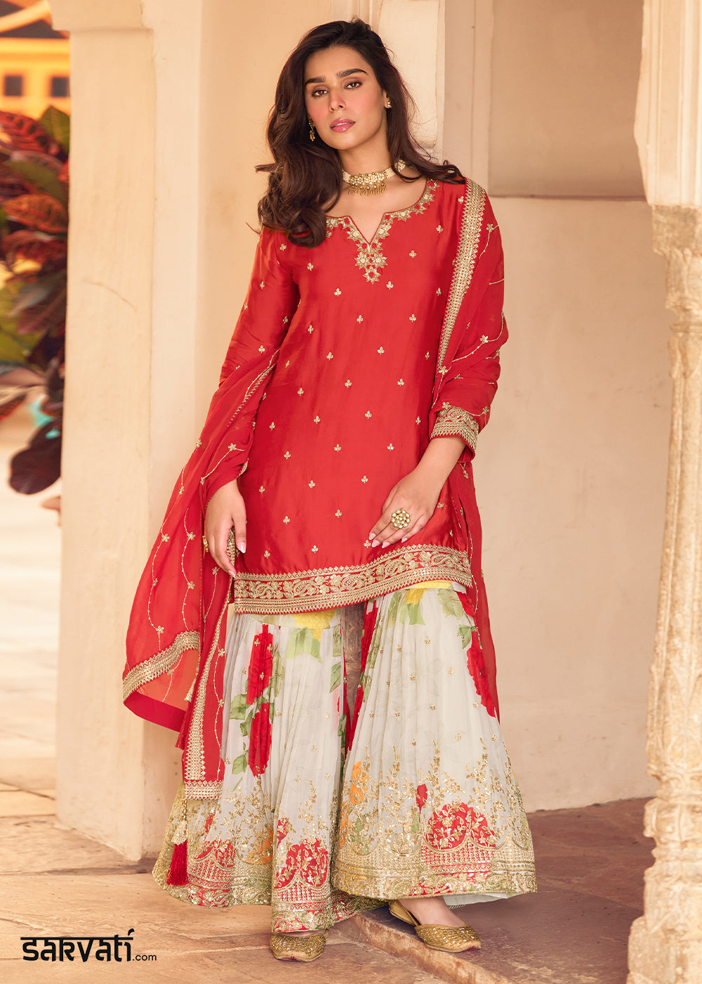 Imperial Red Chinon Silk Sharara Suit