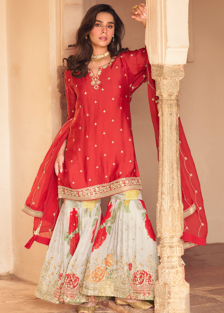 Imperial Red Chinon Silk Sharara Suit