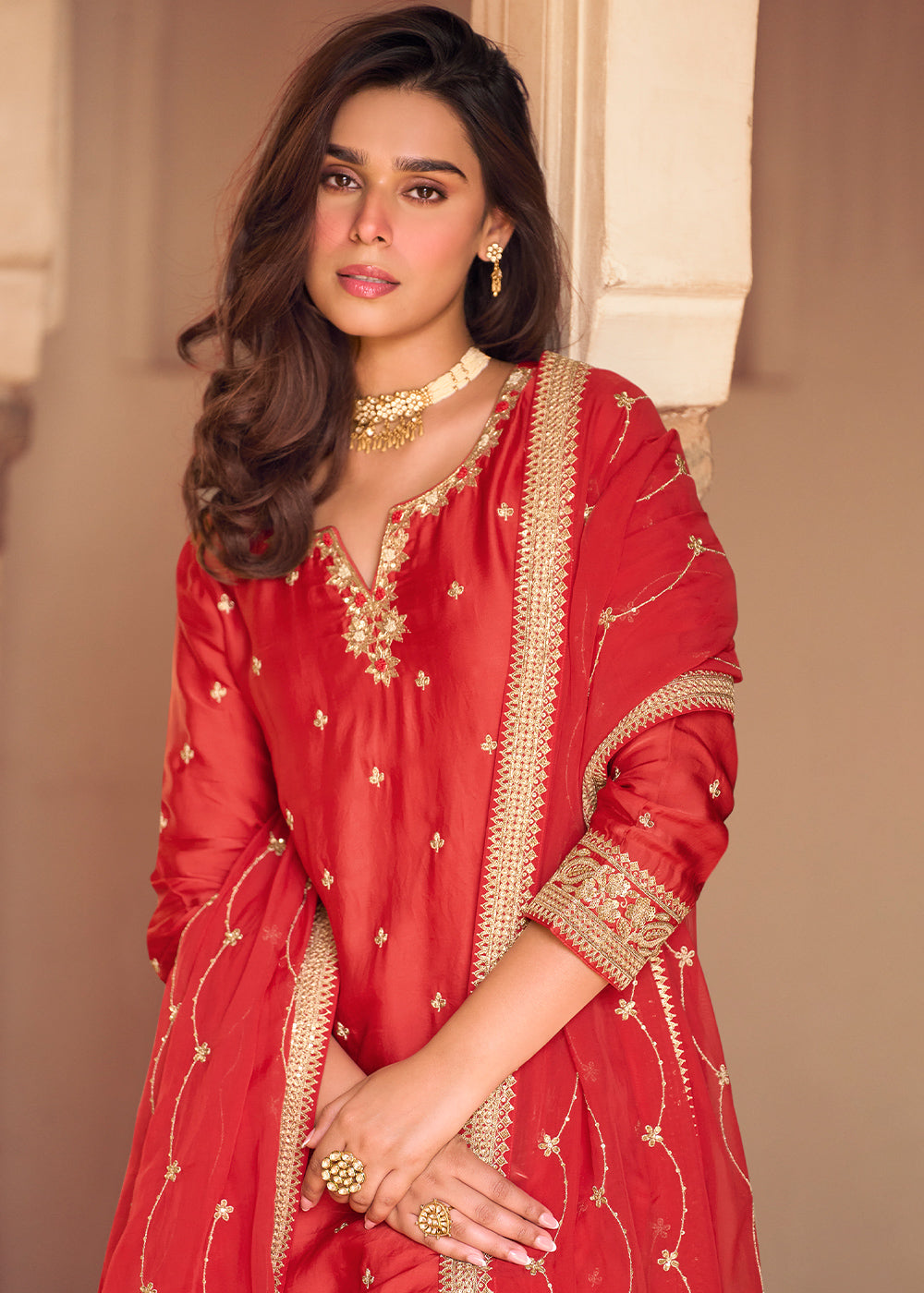 Imperial Red Chinon Silk Sharara Suit
