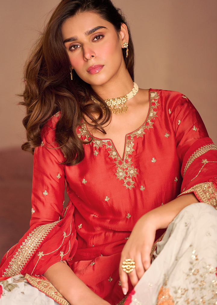 Imperial Red Chinon Silk Sharara Suit