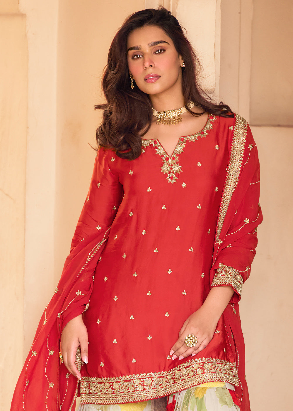 Imperial Red Chinon Silk Sharara Suit