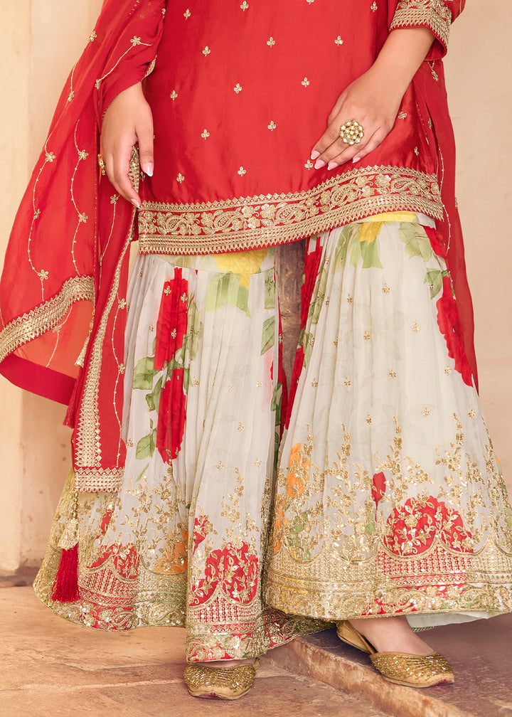 Imperial Red Chinon Silk Sharara Suit