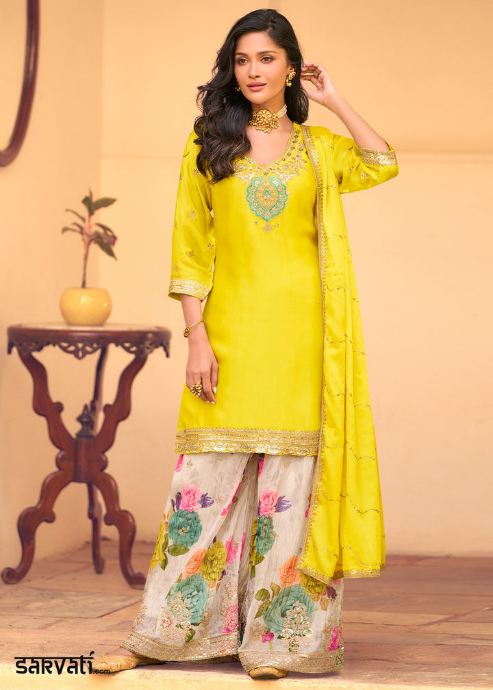 Cadmium Yellow Chinon Silk Sharara Suit