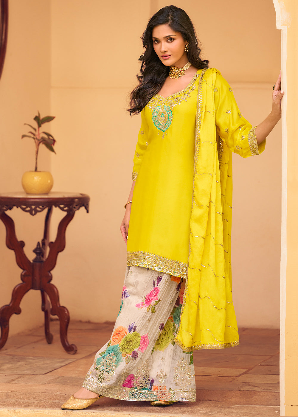 Cadmium Yellow Chinon Silk Sharara Suit
