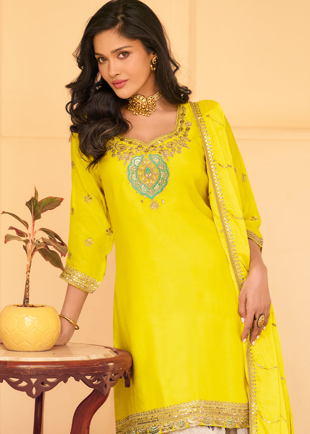 Cadmium Yellow Chinon Silk Sharara Suit