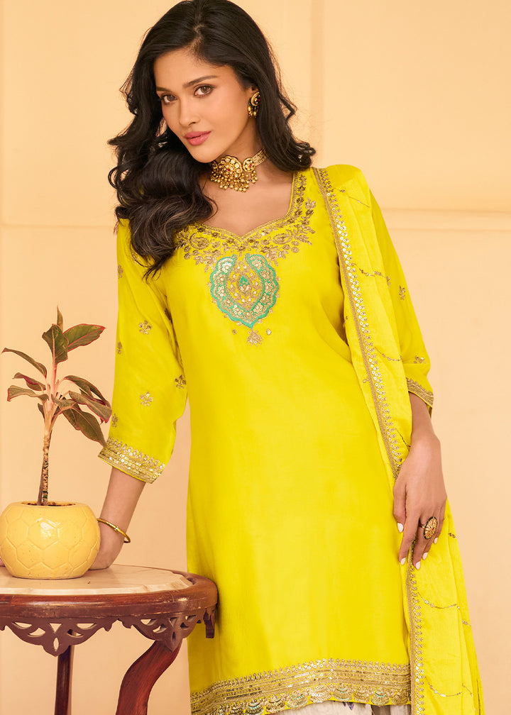 Cadmium Yellow Chinon Silk Sharara Suit