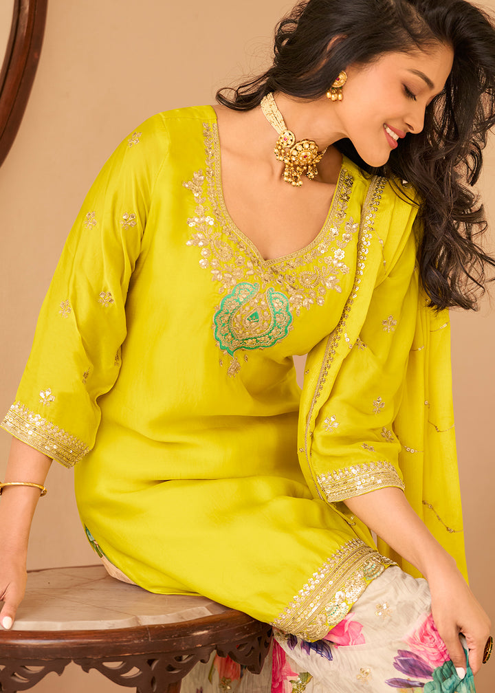 Cadmium Yellow Chinon Silk Sharara Suit
