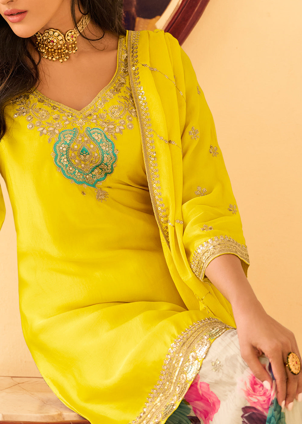 Cadmium Yellow Chinon Silk Sharara Suit