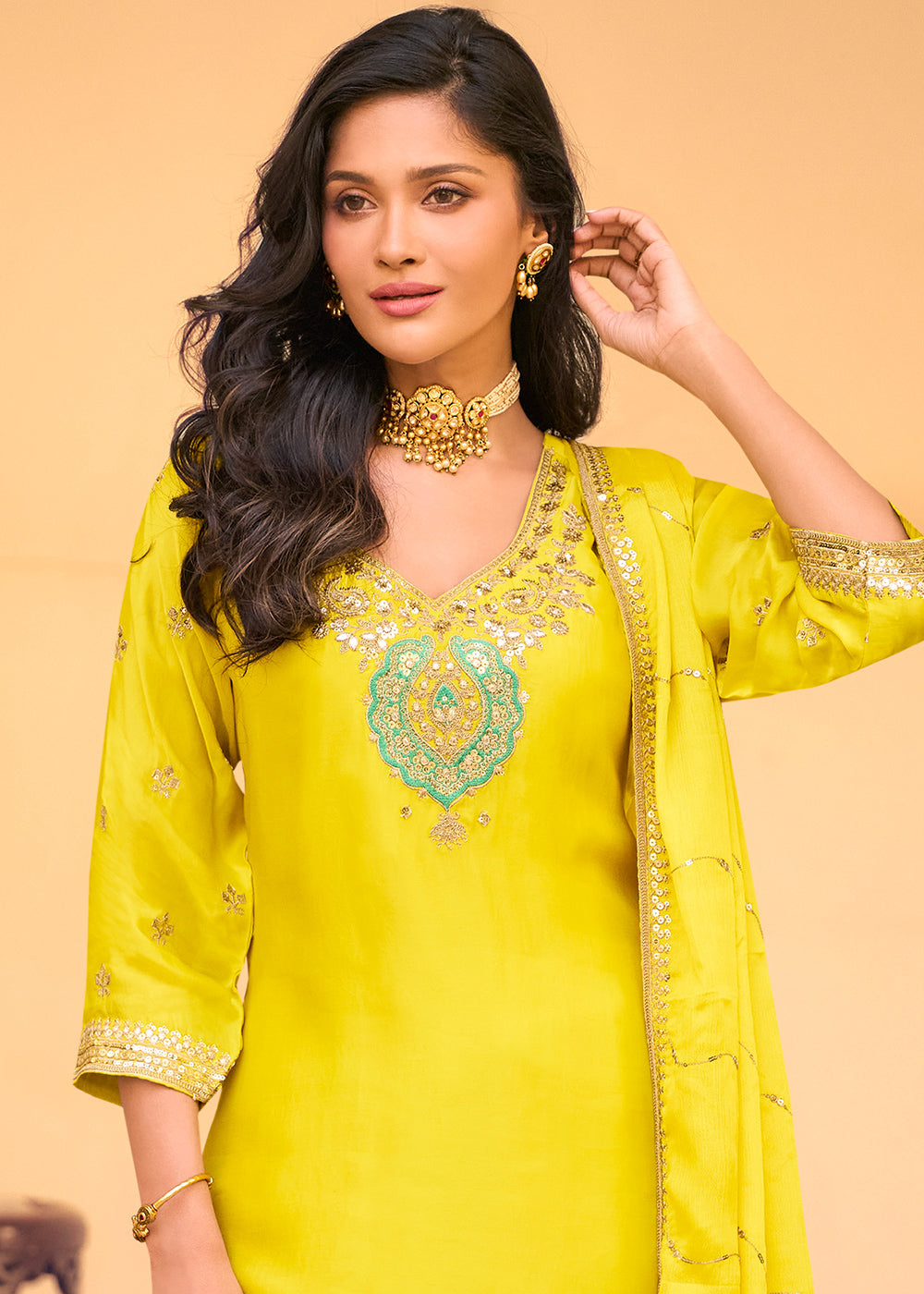 Cadmium Yellow Chinon Silk Sharara Suit