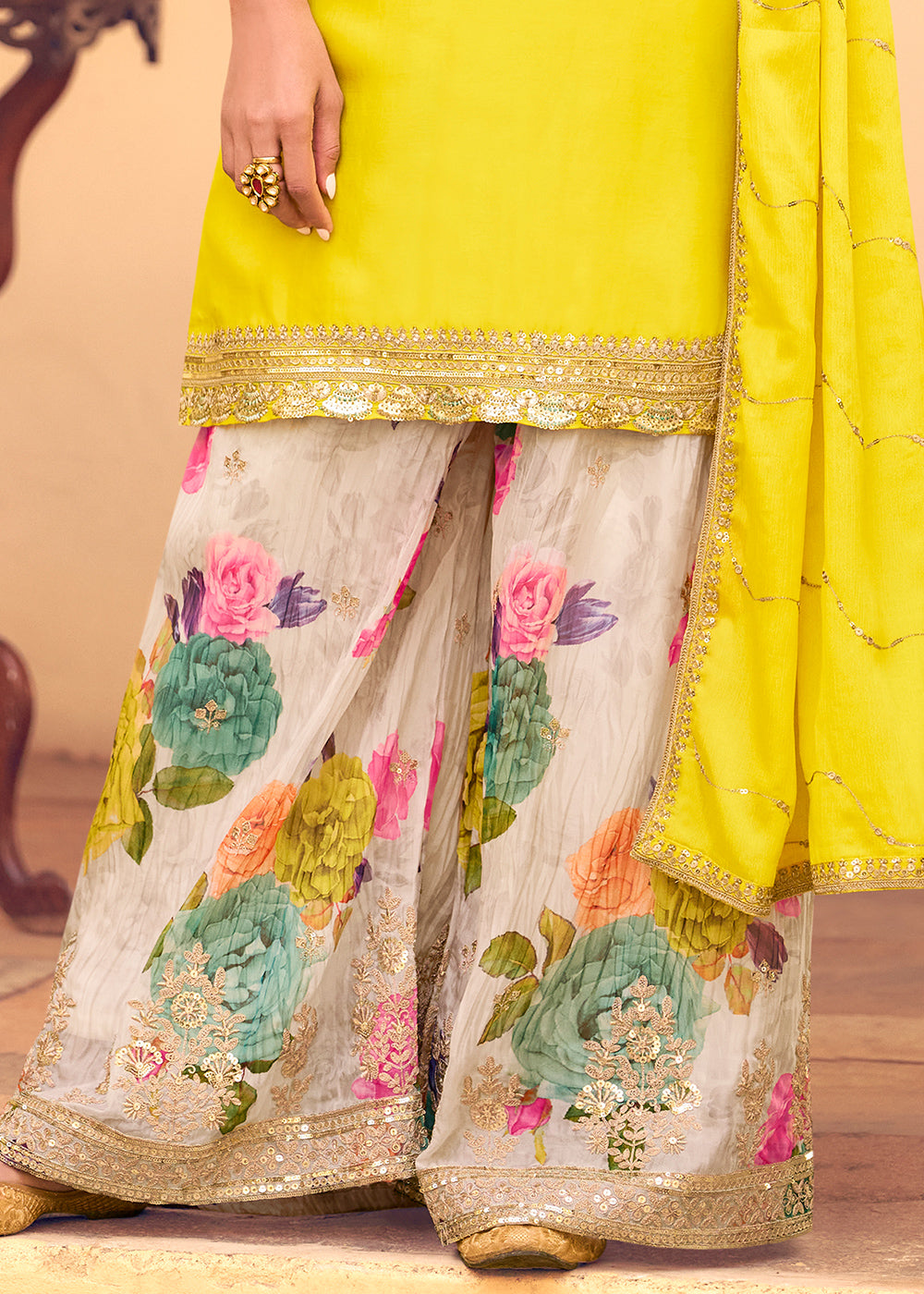 Cadmium Yellow Chinon Silk Sharara Suit