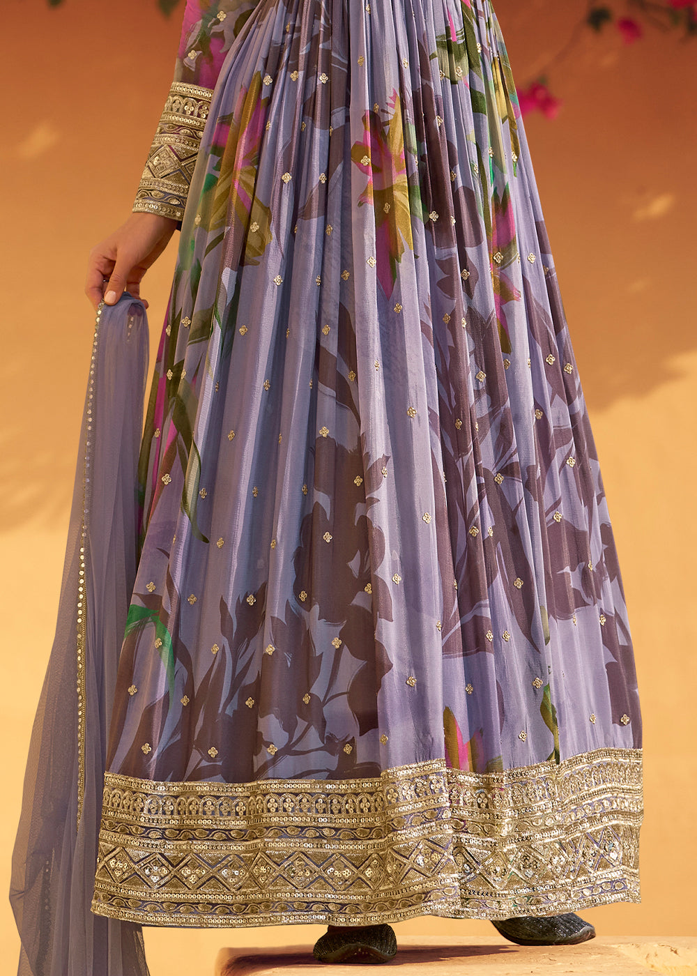 Iris Purple Embroidered Chinon Silk Anarkali with Floral Design