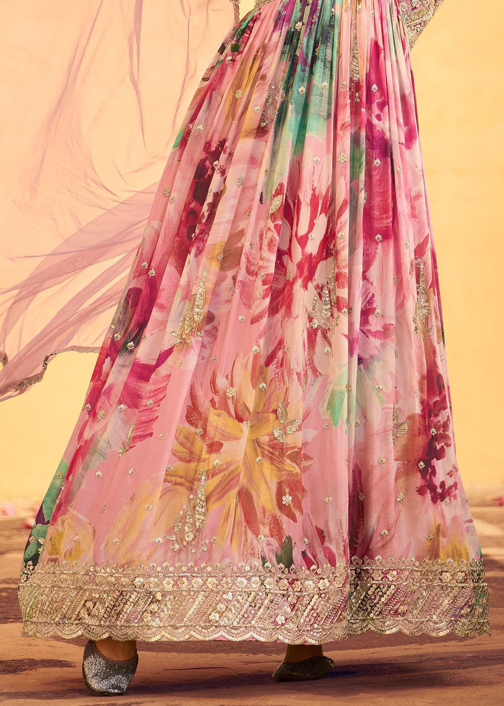 Baby Pink Embroidered Chinon Silk Anarkali with Floral Design