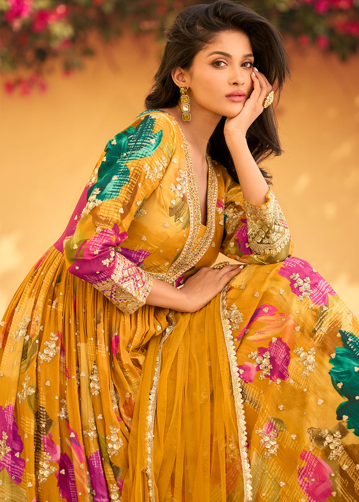 Mustard Yellow Embroidered Chinon Silk Anarkali with Floral Design