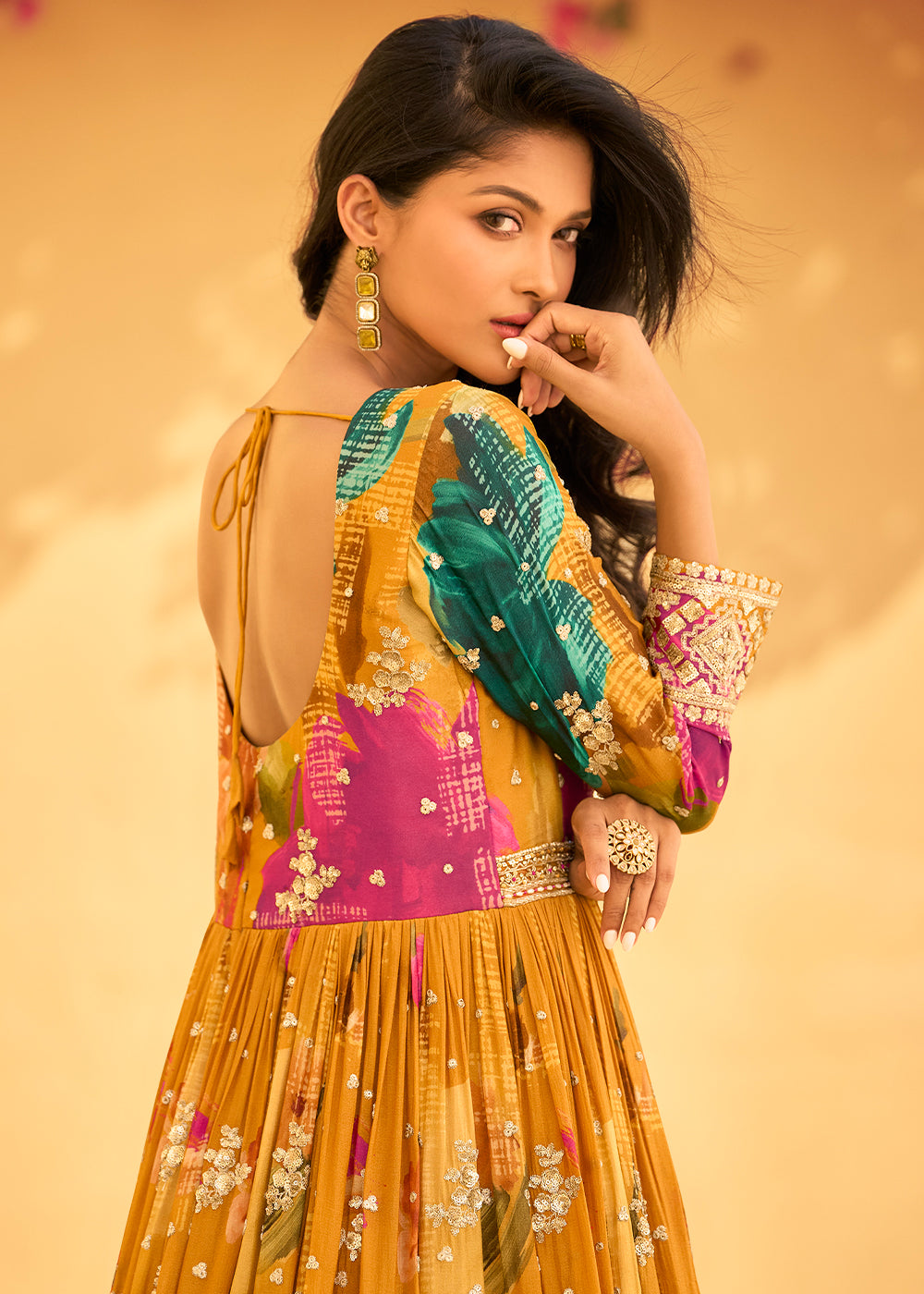 Mustard Yellow Embroidered Chinon Silk Anarkali with Floral Design