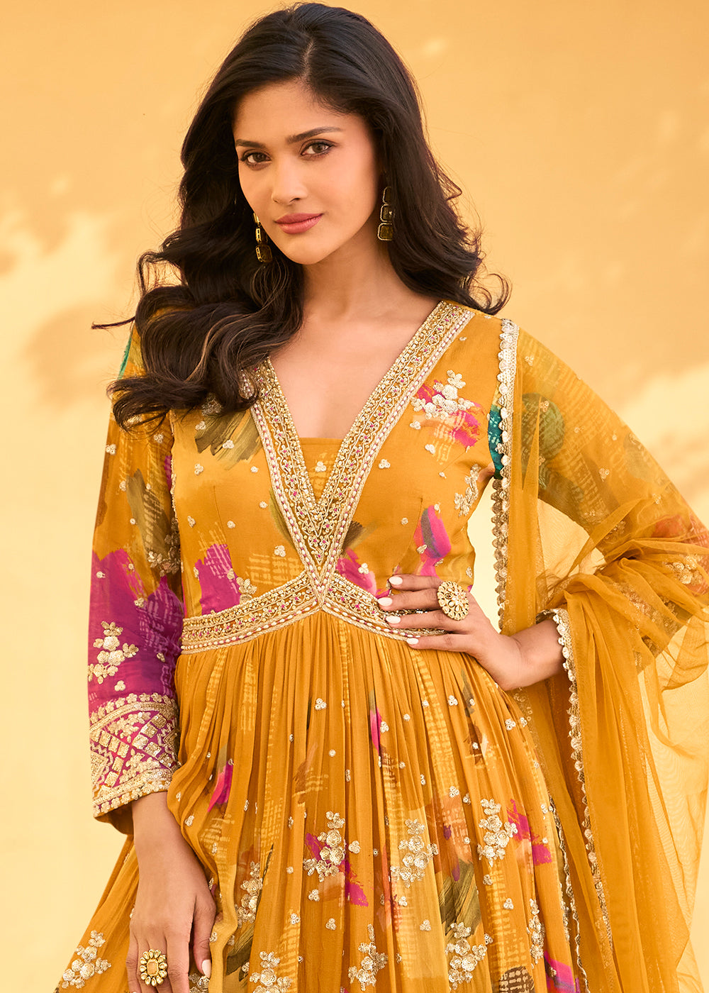 Mustard Yellow Embroidered Chinon Silk Anarkali with Floral Design