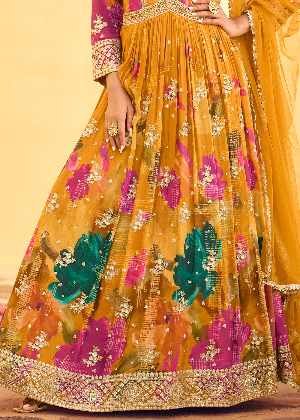 Mustard Yellow Embroidered Chinon Silk Anarkali with Floral Design