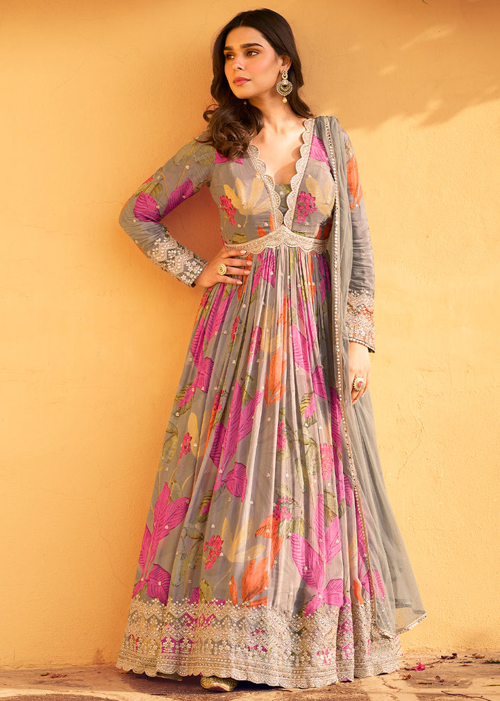 Koala Grey Embroidered Chinon Silk Anarkali with Floral Design