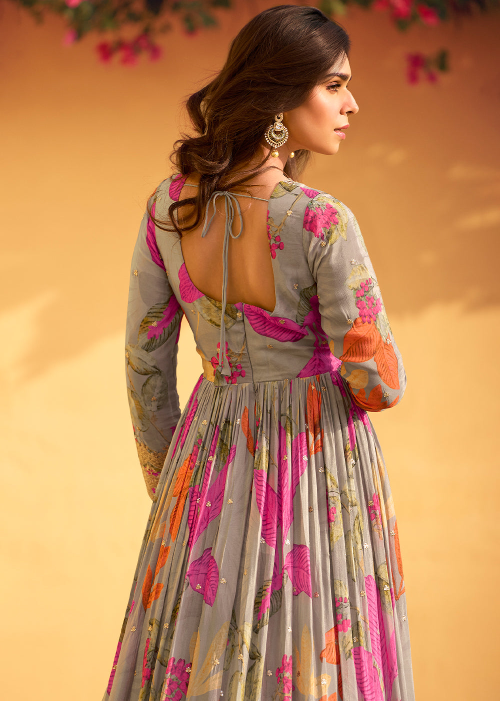 Koala Grey Embroidered Chinon Silk Anarkali with Floral Design