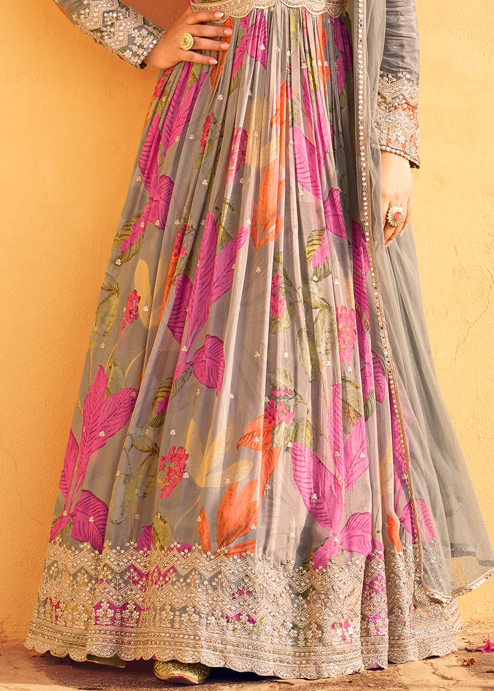 Koala Grey Embroidered Chinon Silk Anarkali with Floral Design