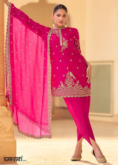 Hot Pink Crepe Silk Indo-Western Dhoti Set with Organza Dupatta