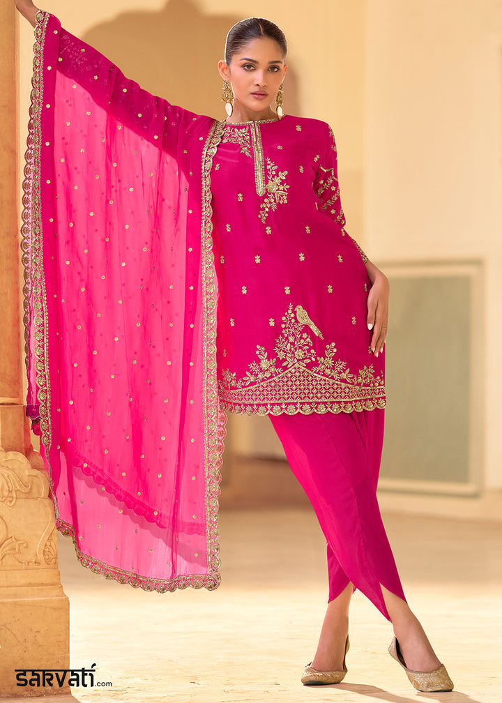 Hot Pink Crepe Silk Indo-Western Dhoti Set with Organza Dupatta