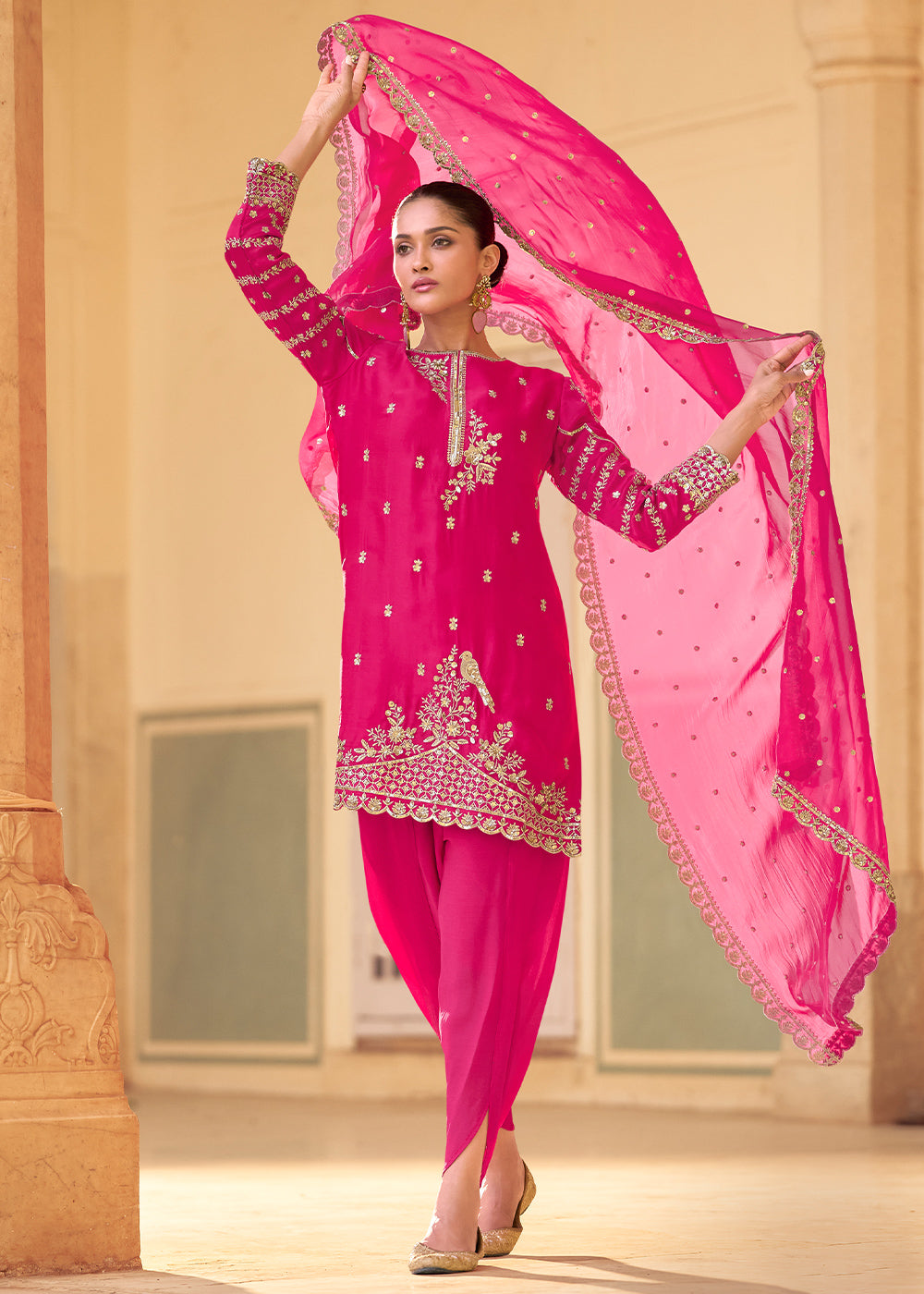 Hot Pink Crepe Silk Indo-Western Dhoti Set with Organza Dupatta