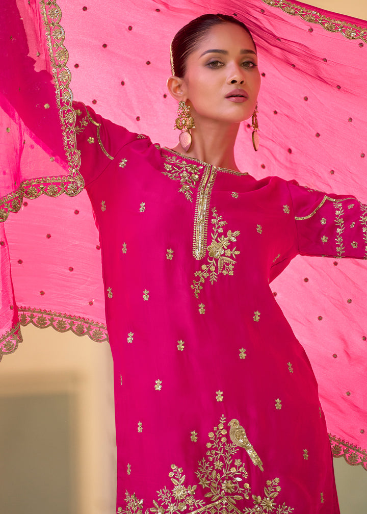 Hot Pink Crepe Silk Indo-Western Dhoti Set with Organza Dupatta