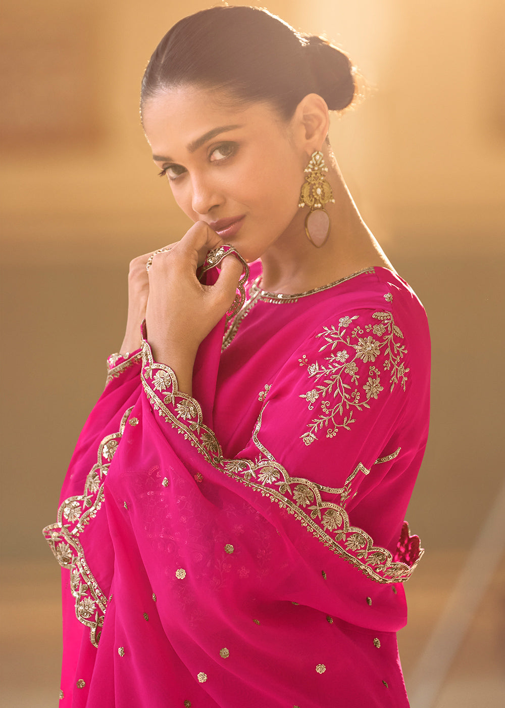 Hot Pink Crepe Silk Indo-Western Dhoti Set with Organza Dupatta