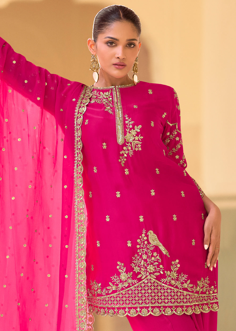 Hot Pink Crepe Silk Indo-Western Dhoti Set with Organza Dupatta