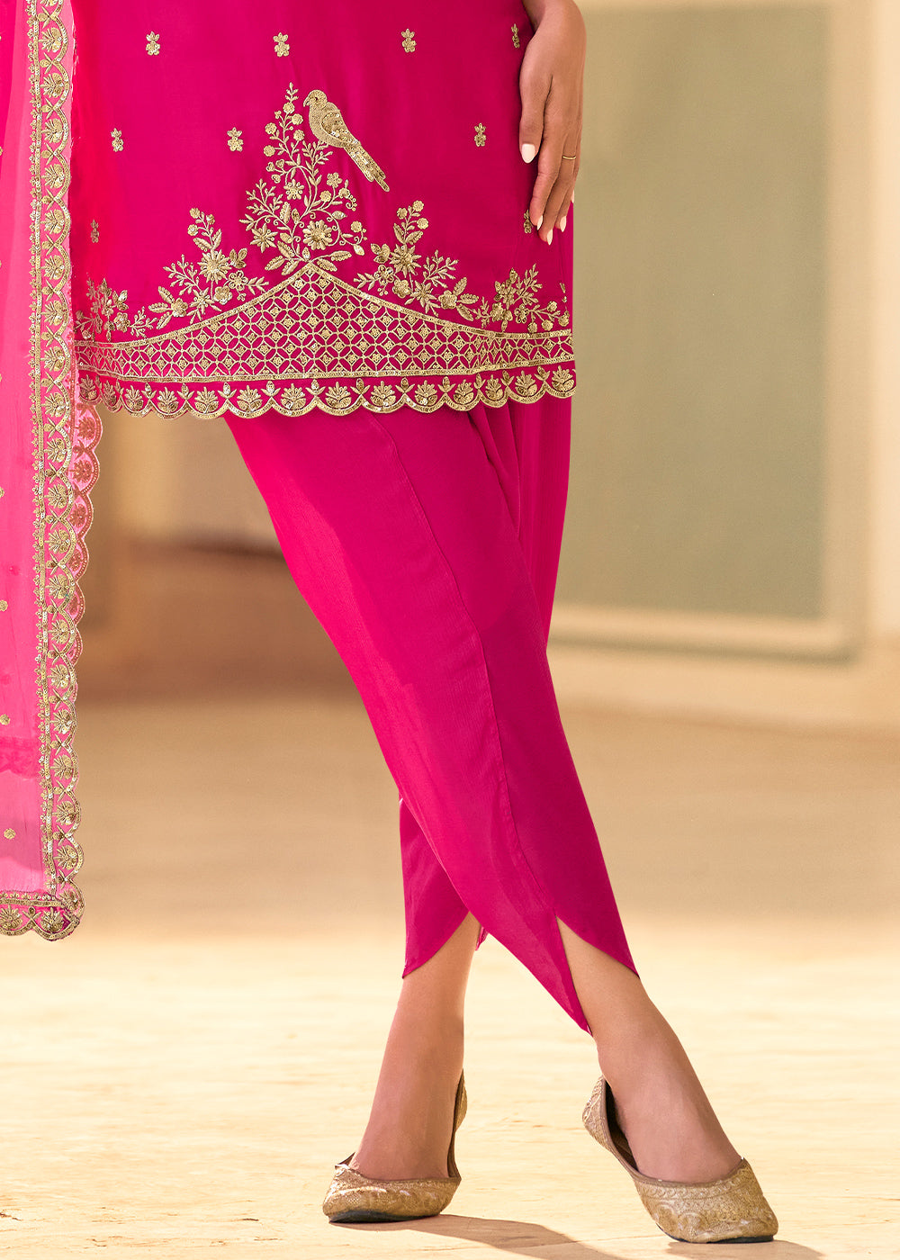 Hot Pink Crepe Silk Indo-Western Dhoti Set with Organza Dupatta