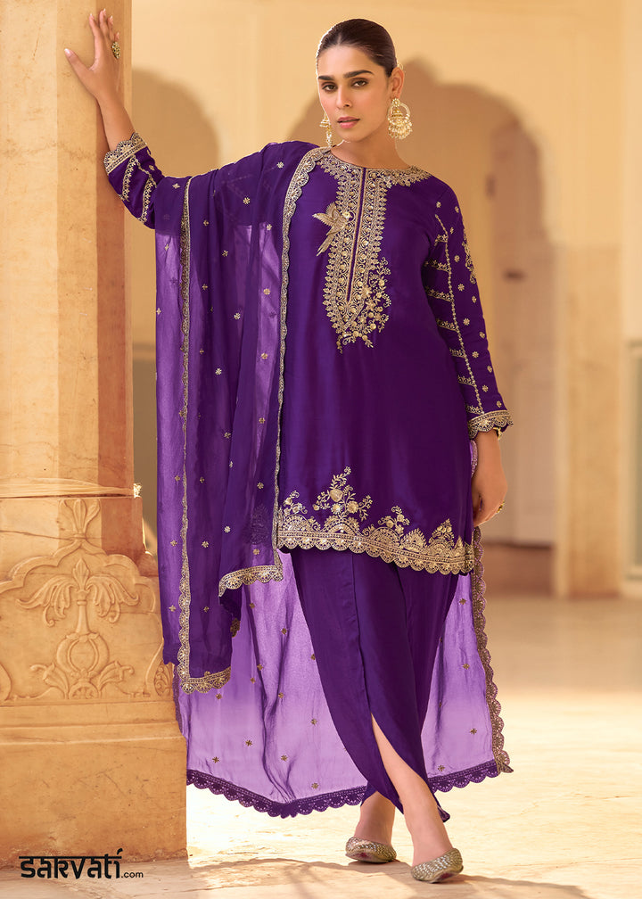 Indigo Purple Crepe Silk Indo-Western Dhoti Set with Organza Dupatta